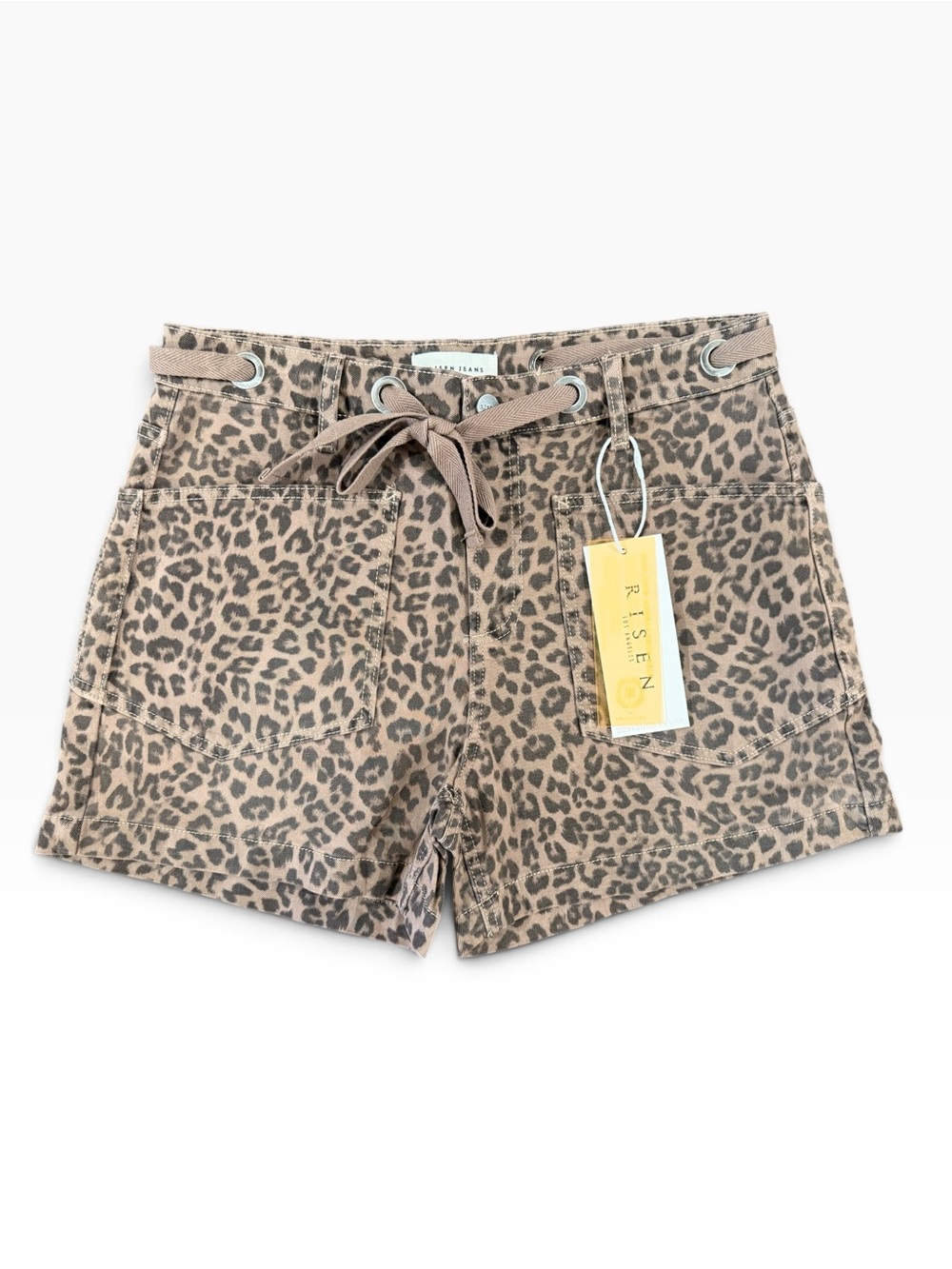 Risen Leopard Print Drawstring Jean Shorts - Taupe